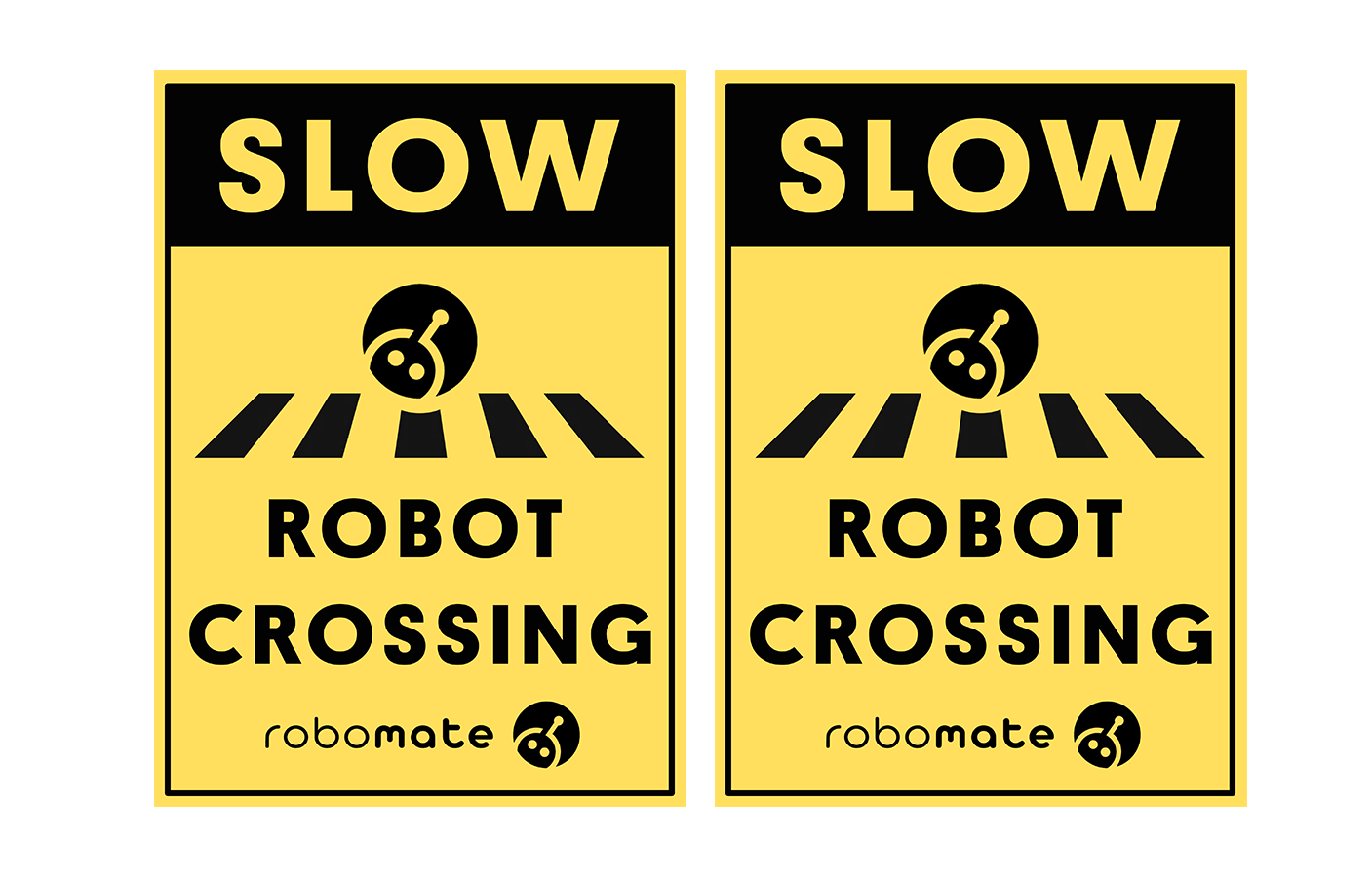 wo yellow Robot Crossing signs with black robot mower icons and mounting stakes, positioned beside a driveway to alert drivers to robots crossing