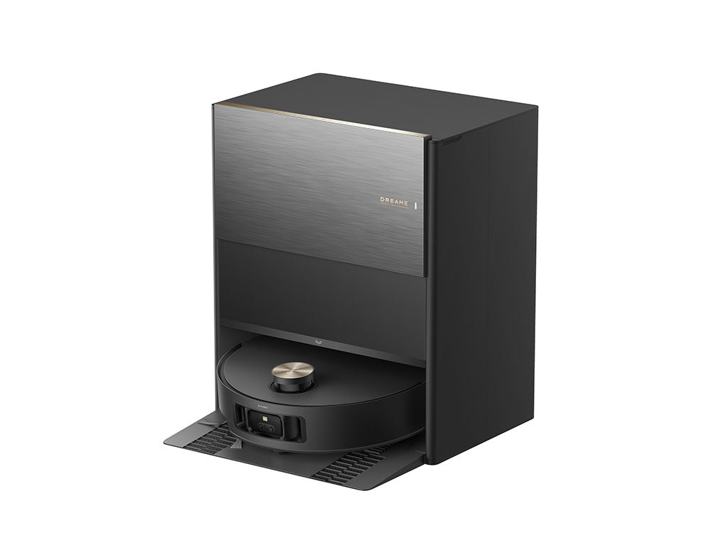 Close-up of Dreame Aqua10 Roller robot vacuum and base station showing compact design and premium black finish