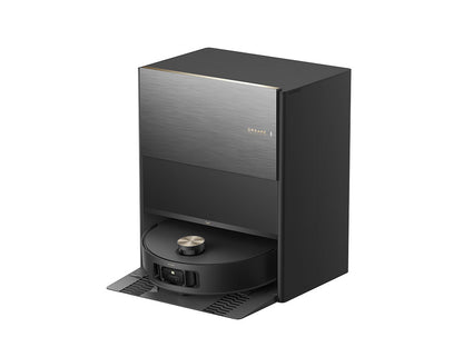 Close-up of Dreame Aqua10 Roller robot vacuum and base station showing compact design and premium black finish