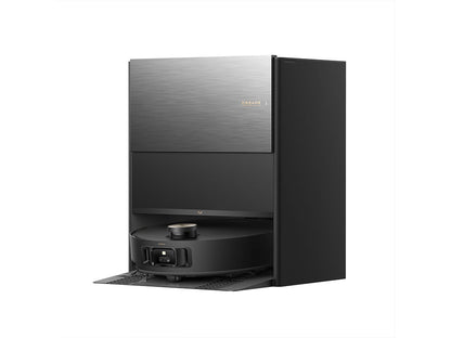 Right side close-up of Dreame Aqua10 Roller robot vacuum and base station highlighting slim profile and cable‑tidy rear design