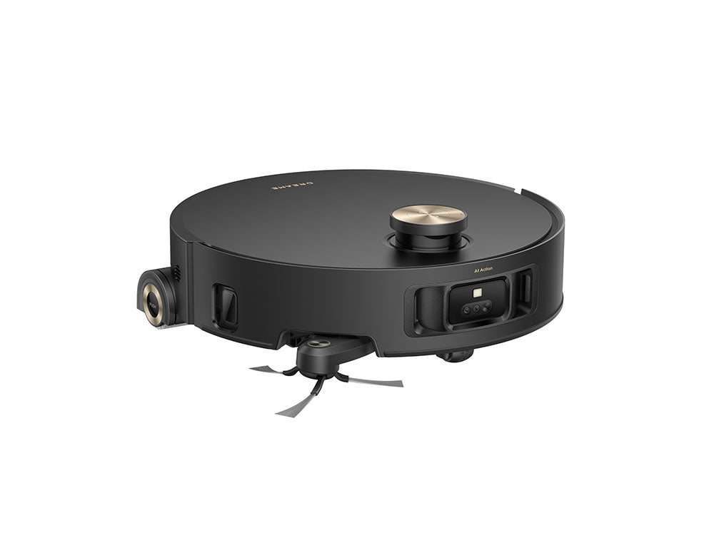 Side view of Dreame Aqua10 Roller robot vacuum showing slim body and large wheels for cleaning under furniture and over thresholds