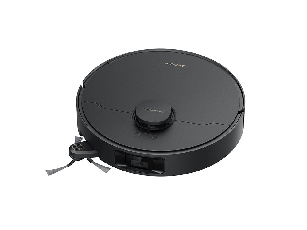Side view of Dreame D20 Pro Plus robot vacuum using extendable side brush to clean along skirting board