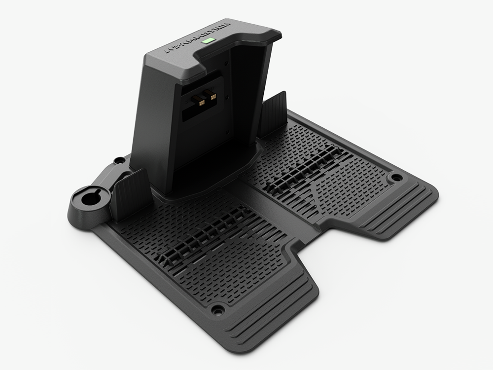 Mammotion Luba charging base with twin charging rails and ground mounting screws, compatible with Luba 1 and Luba 2 robot lawn mowers, not Luba 2X