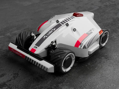 Luba 2 AWD robot mower wrapped in Formula car racing stickers with stripes and numbers, parked on lawn to show the full sticker set