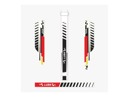 Mammotion Luba 2 AWD robot mower wrapped in Formula car racing stickers with stripes and numbers, parked on lawn to show the full sticker set