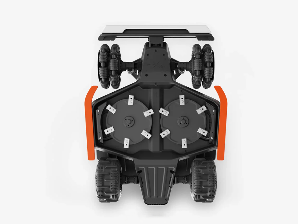 Bottom view of Mammotion Luba 2X 10000 robot lawn mower showing dual 400 mm cutting discs and blades