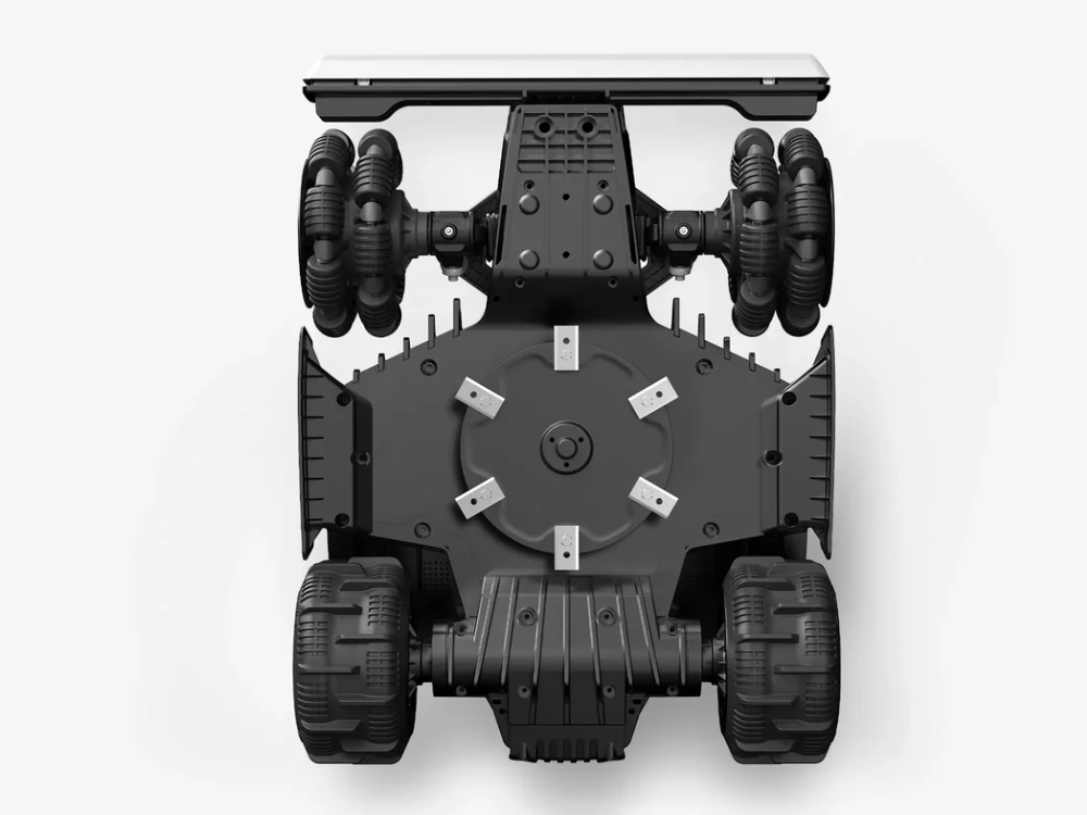 Bottom view of Luba Mini AWD robot mower with all-wheel drive climbing an 80 percent slope