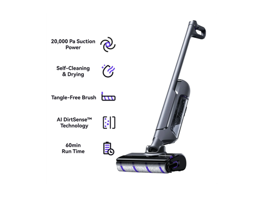 Narwal S20 Pro cordless wet and dry vacuum mop standing on its self-cleaning base in a modern NZ living room