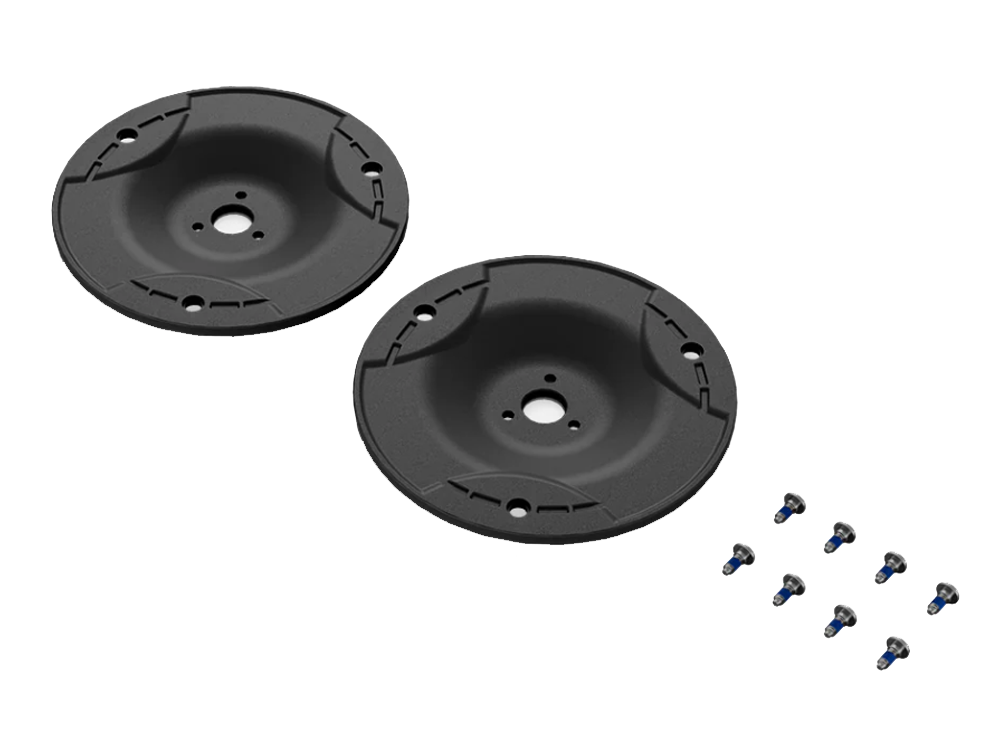 Pair of Mammotion Yuka 2024 three‑blade cutting discs showing mounting holes and hubs, genuine replacement rotors for Yuka robot lawn mower