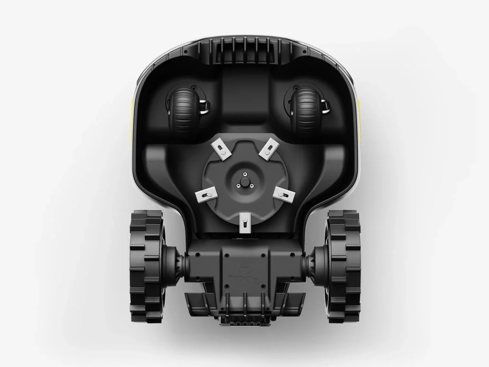 Bottom view of Yuka Mini robot lawn mower next to RTK antenna and charging base showing compact design for small yards