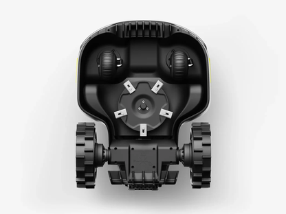 Bottom view of Yuka Mini robot lawn mower next to RTK antenna and charging base showing compact design for small yards