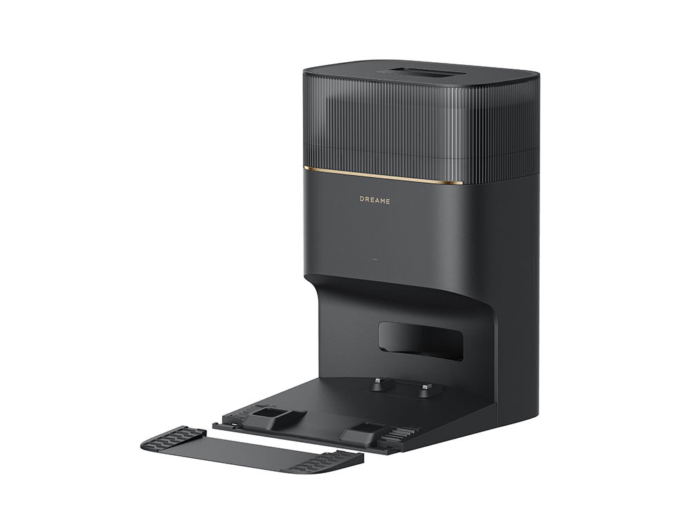 Close-up of Dreame D20 Pro Plus self-emptying dustbin station with dual air channels