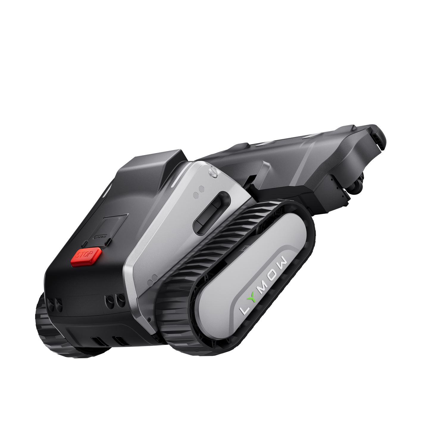 Lymow One Plus robotic mower climbing a steep grass slope — all-terrain caterpillar tracks gripping on incline