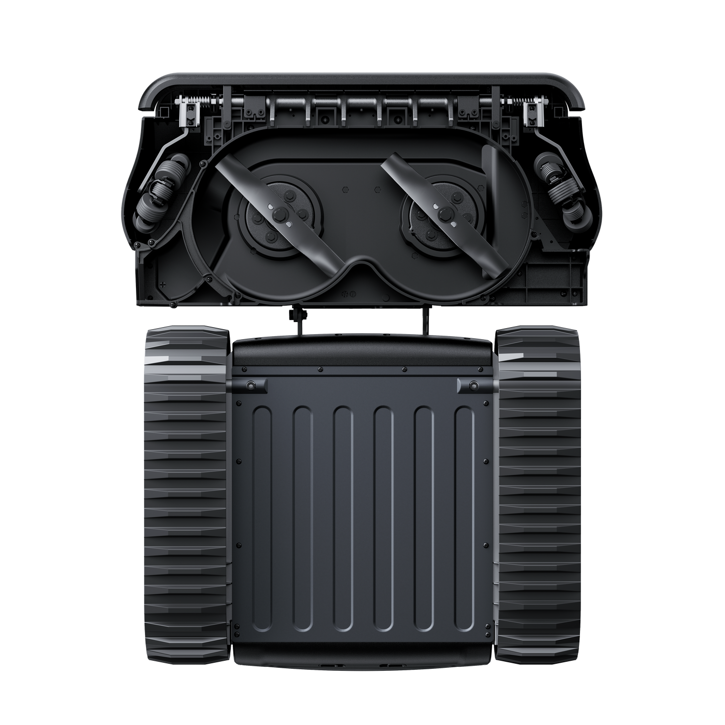 Lymow One Plus robot mower underside showing dual spinning cutting blades and rubber track wheels