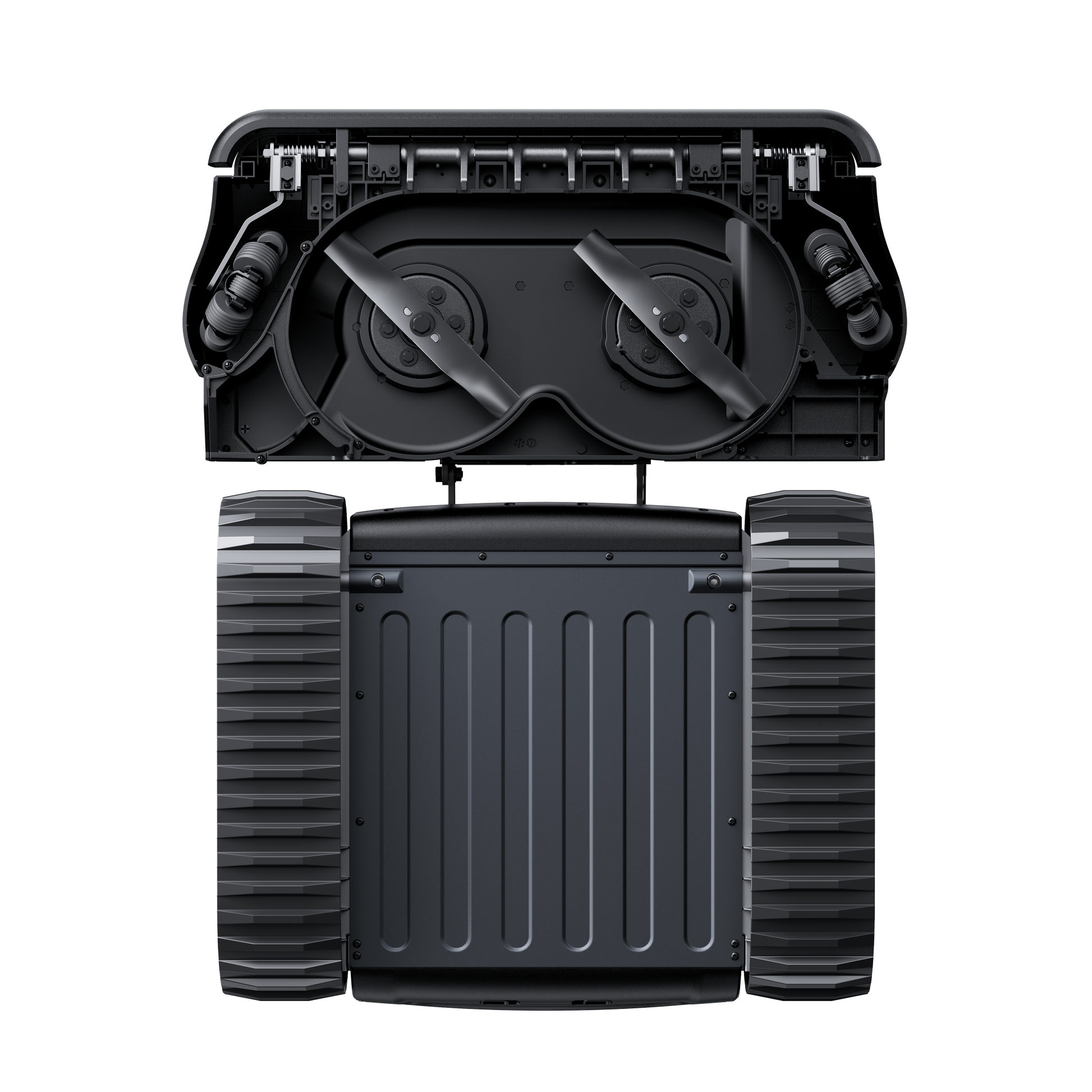Lymow One Plus robot mower underside showing dual spinning cutting blades and rubber track wheels