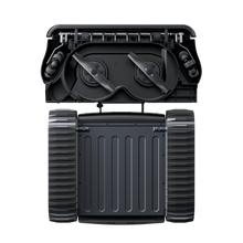Lymow One Plus robot mower underside showing dual spinning cutting blades and rubber track wheels