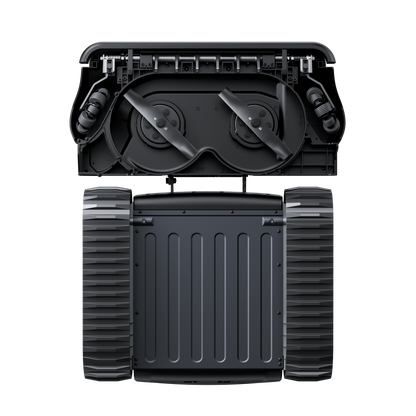 Lymow One Plus robot mower underside showing dual spinning cutting blades and rubber track wheels