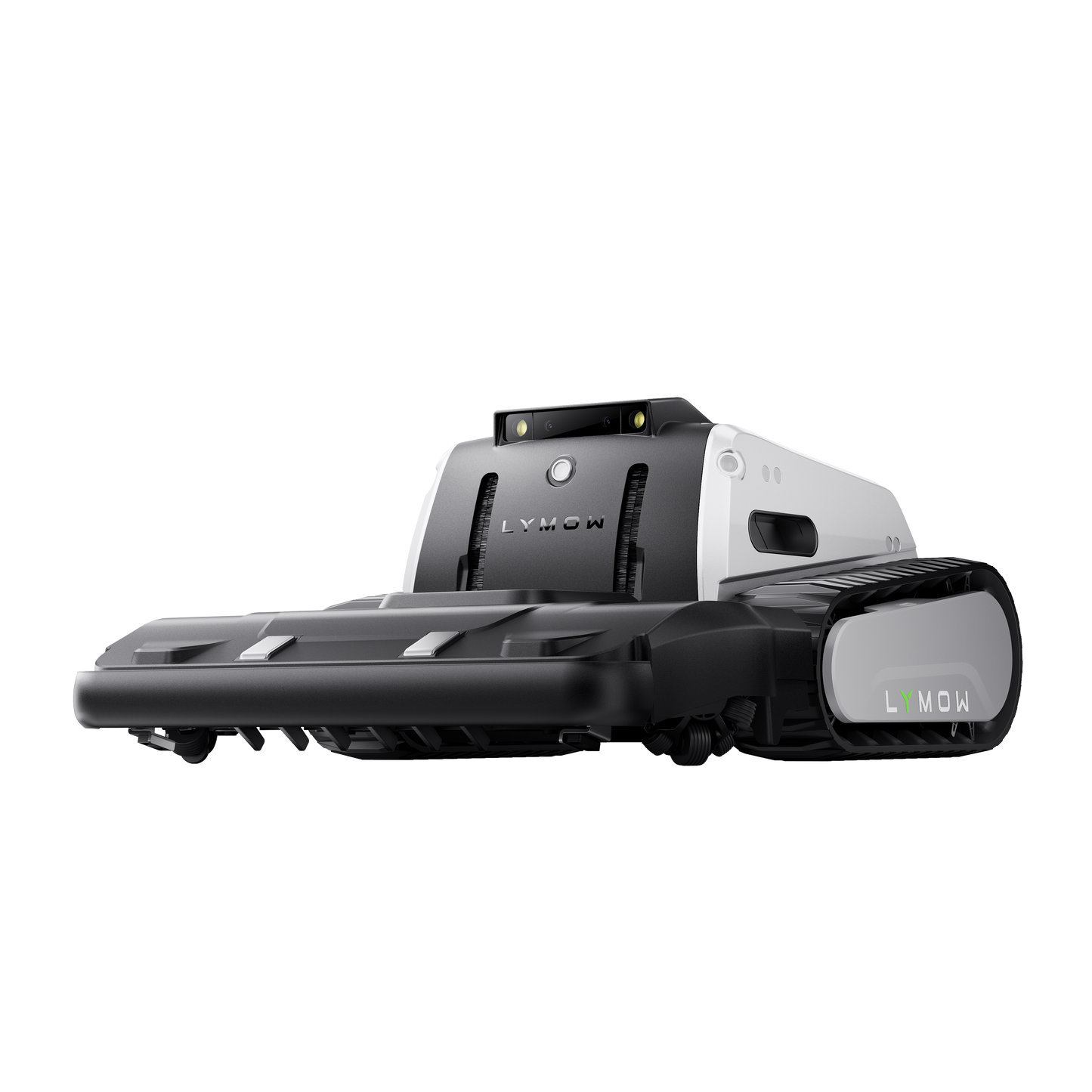 Lymow One Plus robot mower left side view showing full track system, cutting deck profile and sleek low-profile body