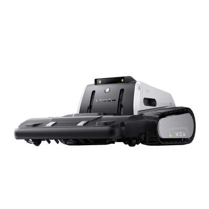 Lymow One Plus robot mower left side view showing full track system, cutting deck profile and sleek low-profile body