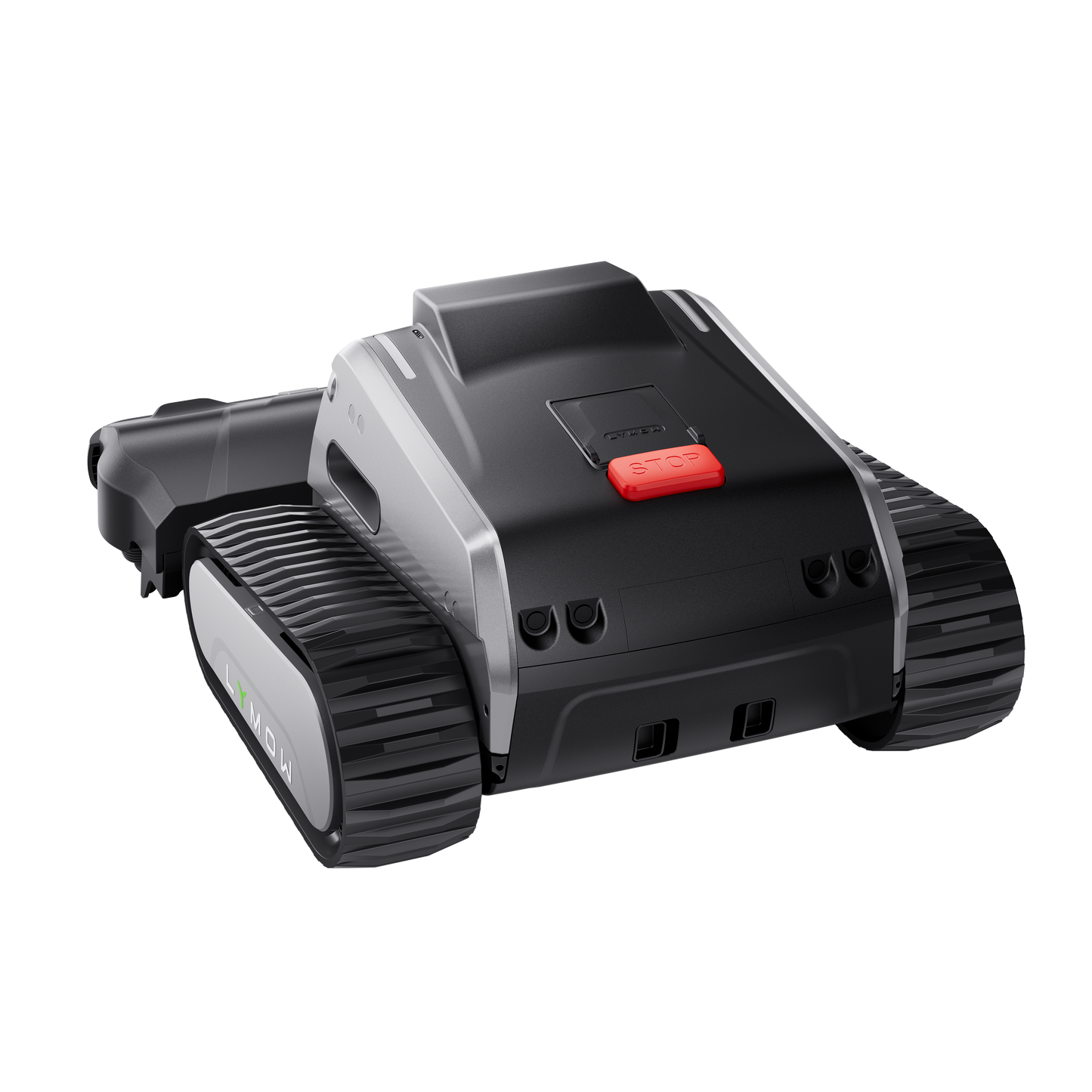 Lymow One Plus rear angle showing emergency stop button, rubber caterpillar tracks and compact body
