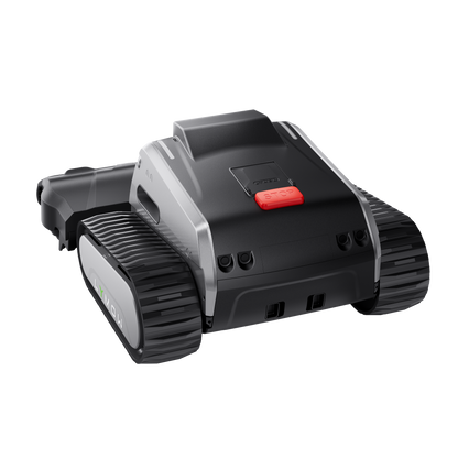 Lymow One Plus rear angle showing emergency stop button, rubber caterpillar tracks and compact body