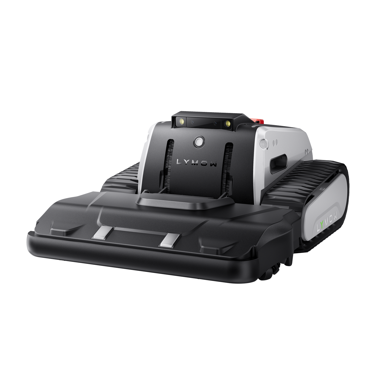 Lymow One Plus robot mower front view showing cutting deck and LED display panel