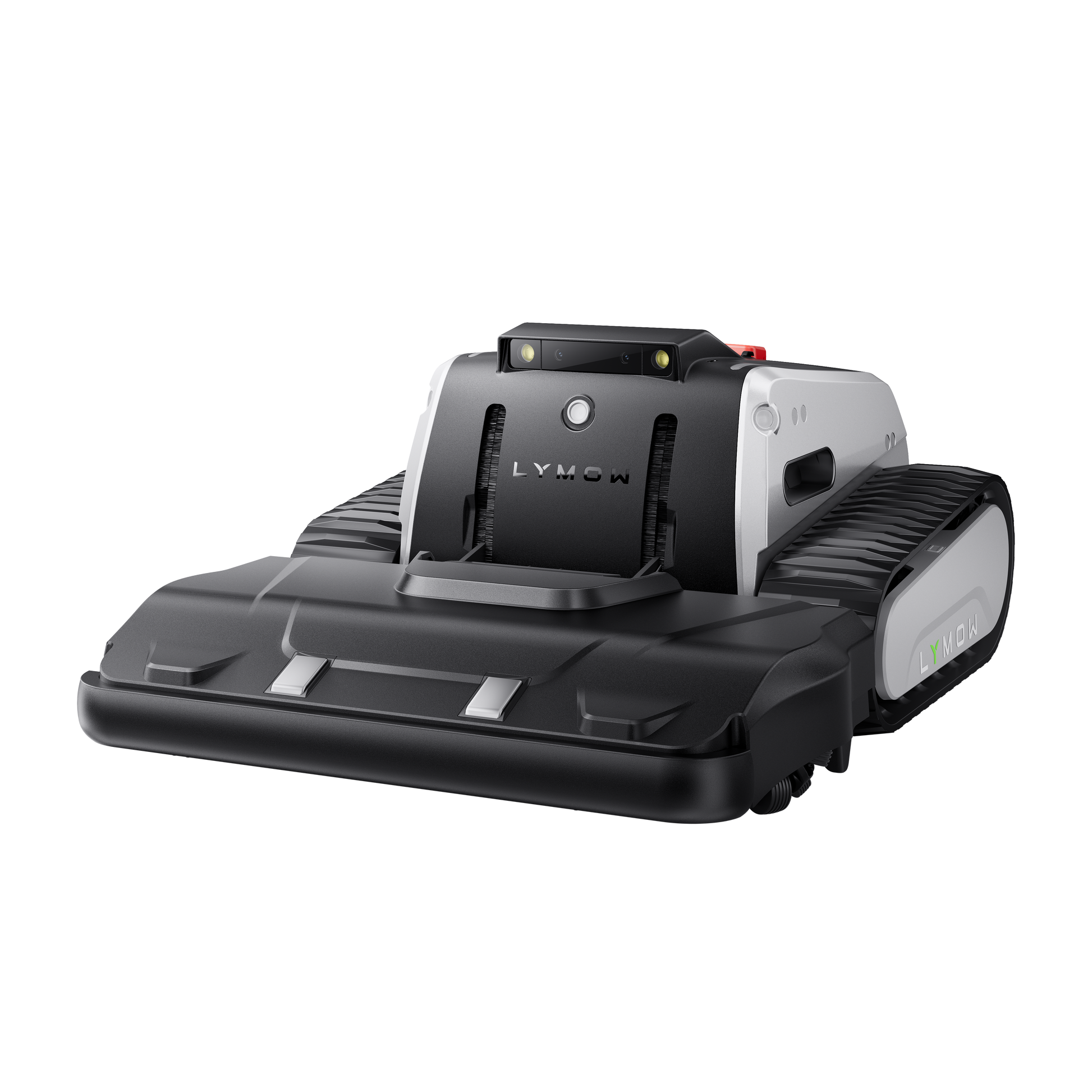 Lymow One Plus robot mower front view showing cutting deck and LED display panel
