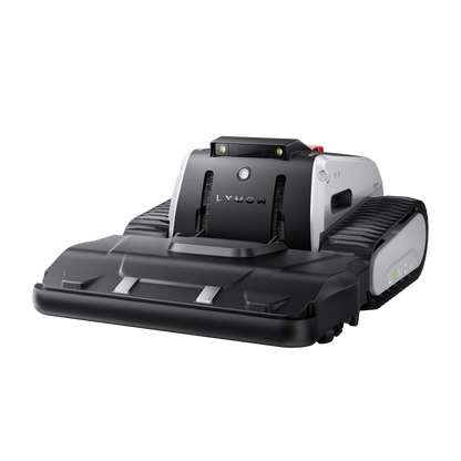 Lymow One Plus robot mower front view showing cutting deck and LED display panel
