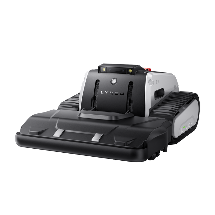 Lymow One Plus robot mower front view showing cutting deck and LED display panel