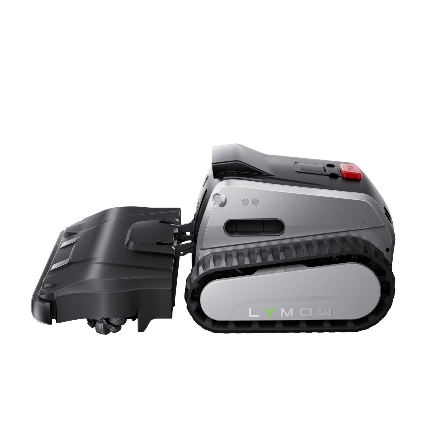 Lymow One Plus robotic mower side profile with extended cutting deck and tracked wheel system