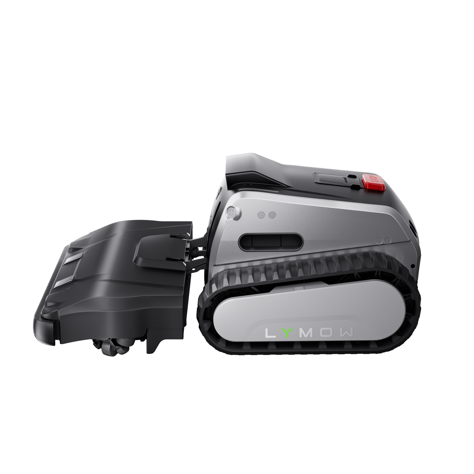 Lymow One Plus robotic mower side profile with extended cutting deck and tracked wheel system