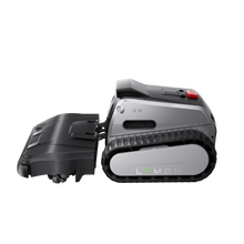 Lymow One Plus robotic mower side profile with extended cutting deck and tracked wheel system