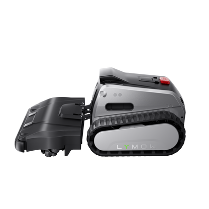 Lymow One Plus robotic mower side profile with extended cutting deck and tracked wheel system